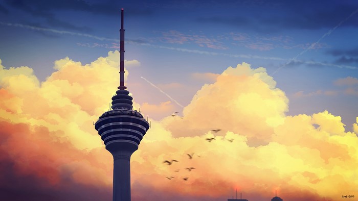 4K Tower with Birds and Clouds Drawing