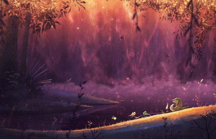 Fantasy forest scene with animals by a lake