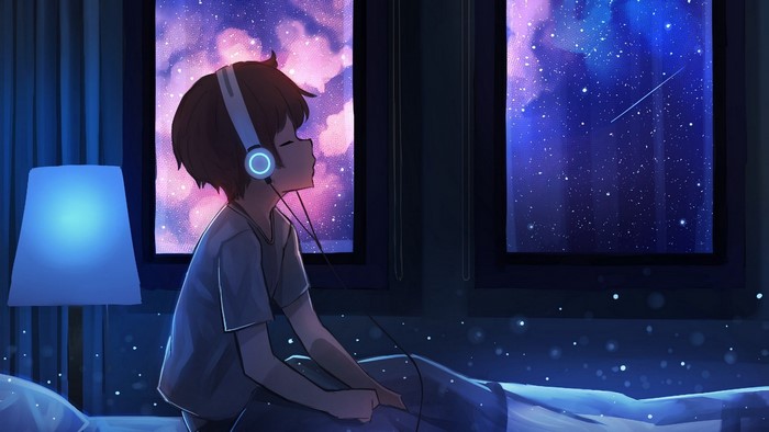 Anime boy with headphones in a room at night