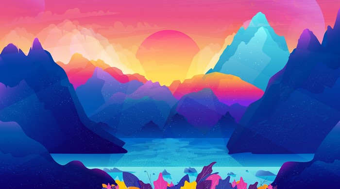 Colorful abstract mountain landscape with sun and water