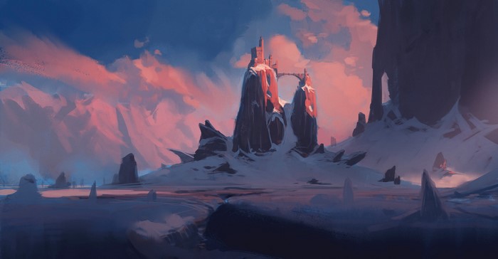Snowy mountains with castle and bridge at sunset