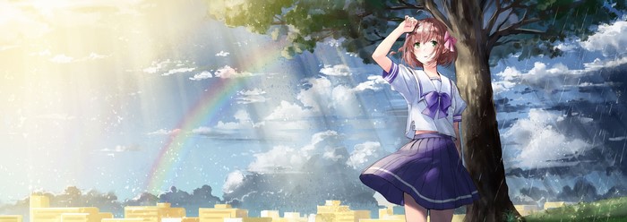 Anime girl in uniform under a tree with rainbow