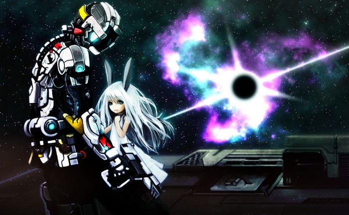 Anime girl with rabbit ears and robot in space