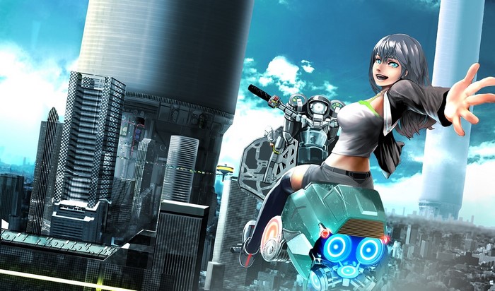 Anime girl riding a futuristic vehicle in a city