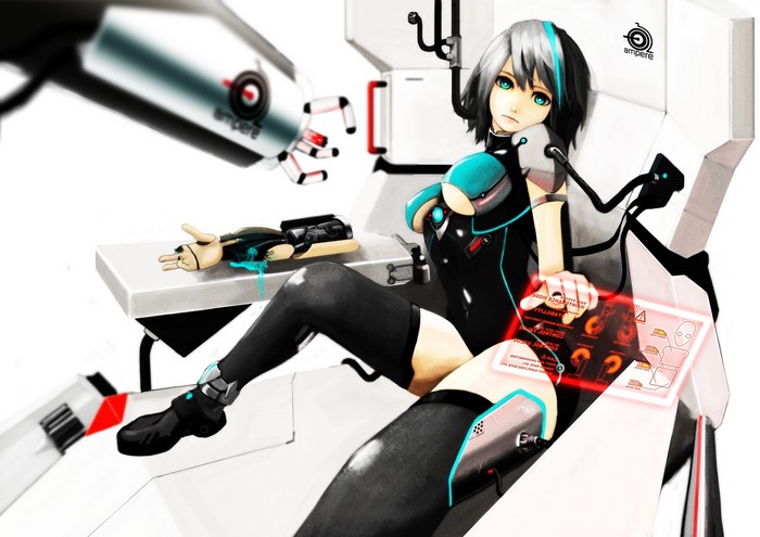 Anime girl in a mech suit with a prosthetic arm