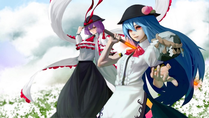 Two anime girls with blue and purple hair in a field