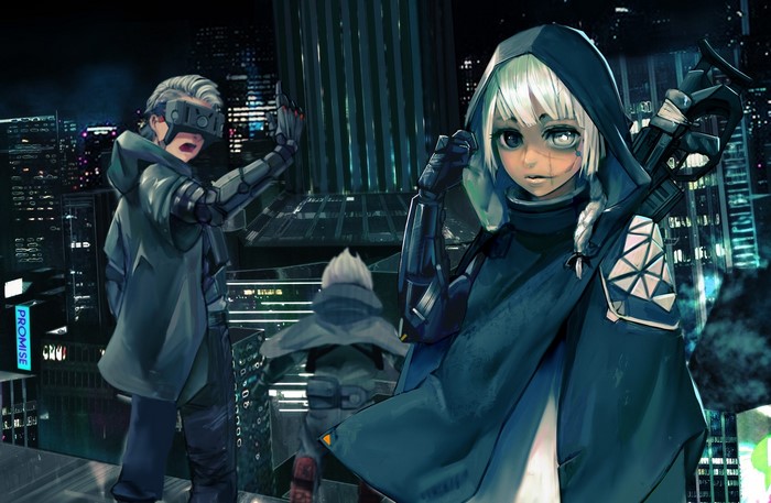 Anime cyborgs in a futuristic city at night