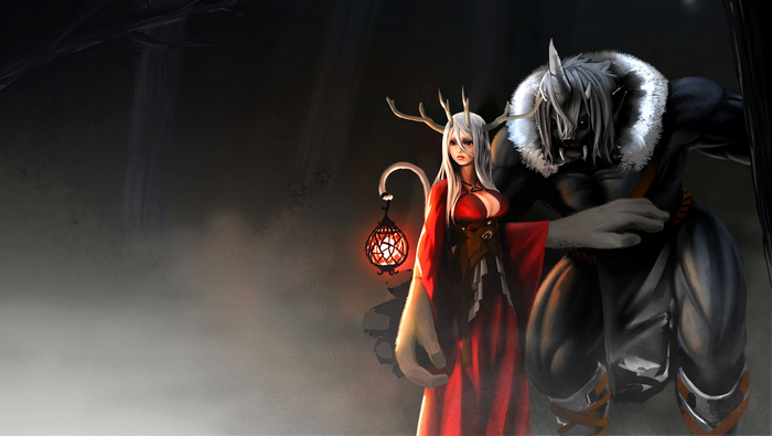 Anime girl with antlers and a furry creature in a dark forest