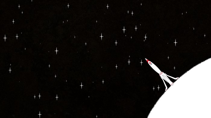 Rocket launching from a planet into starry space