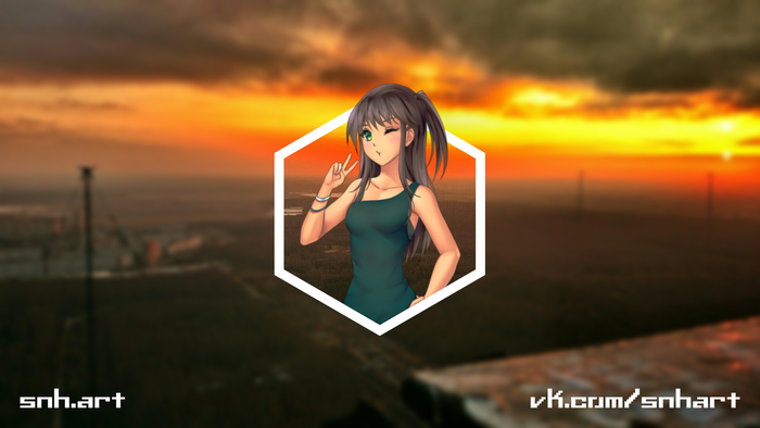 Anime girl with hand gesture in front of sunset