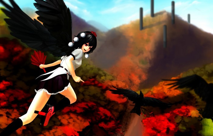 Aya Shameimaru from Touhou with black wings and a fan