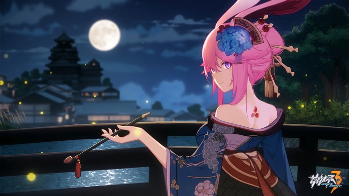 Anime girl in kimono with pink hair and bunny ears