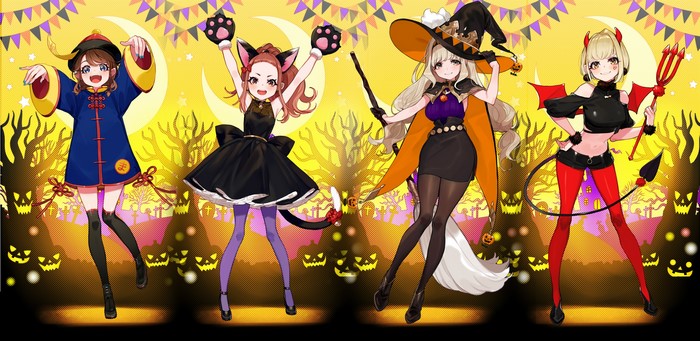 Four anime girls in Halloween costumes