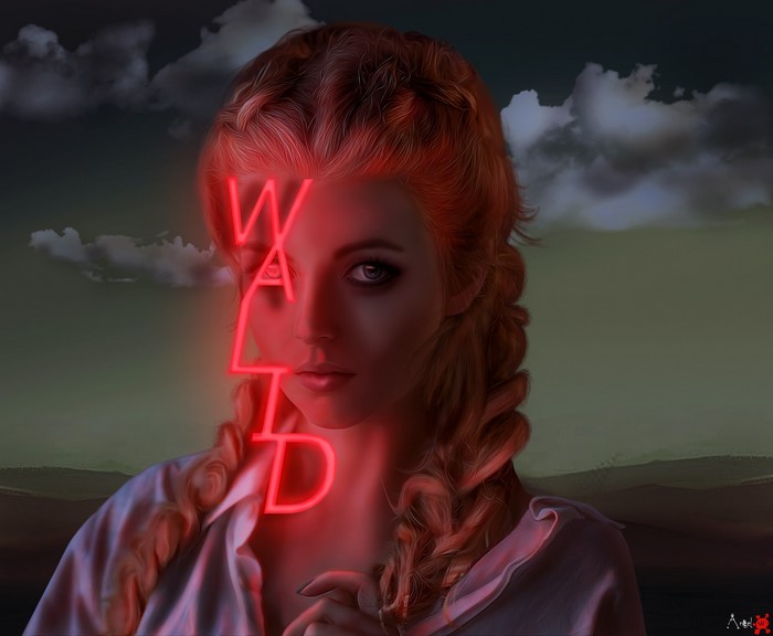 Woman with red neon text overlay