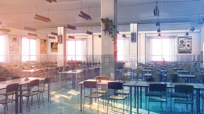 Anime interior of a school cafeteria with tables and chairs