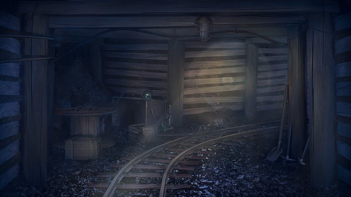 Mine interior with minecart tracks and tools