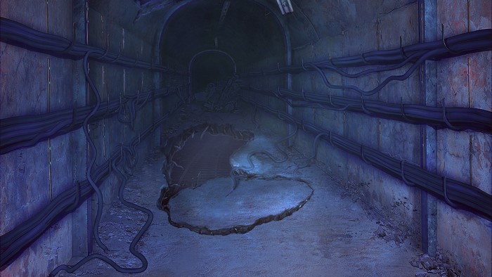 Dungeon tunnel with cables and a hole in the floor
