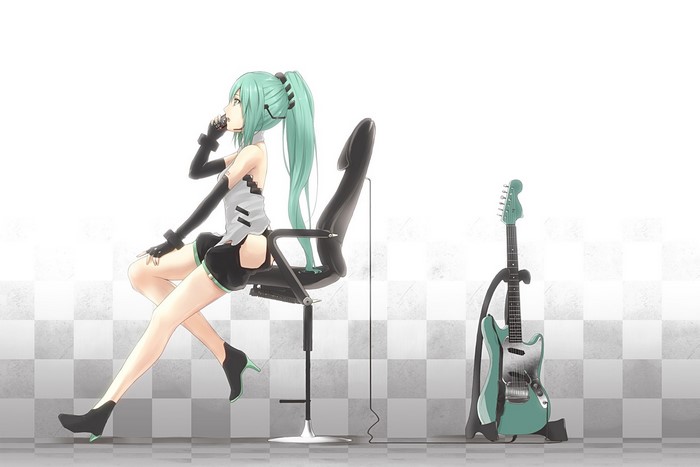 Hatsune Miku sitting in a chair with a guitar