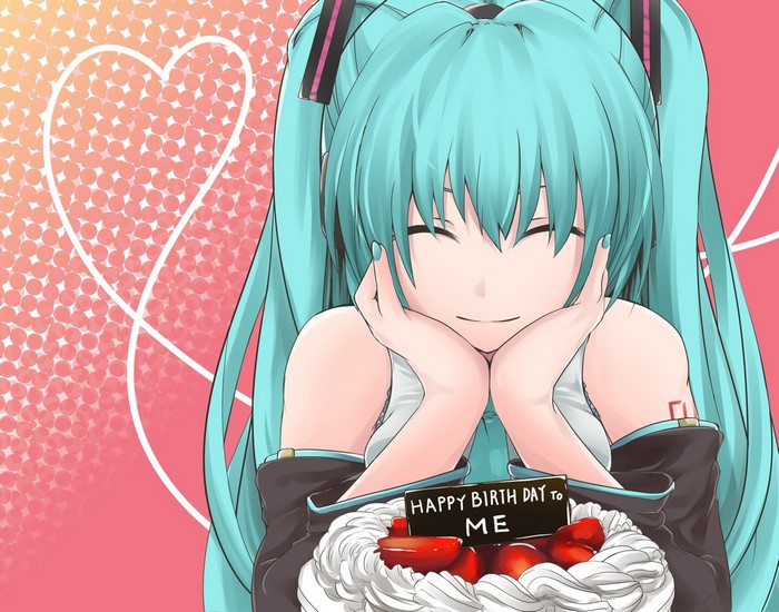 Hatsune Miku from Vocaloid with a birthday cake