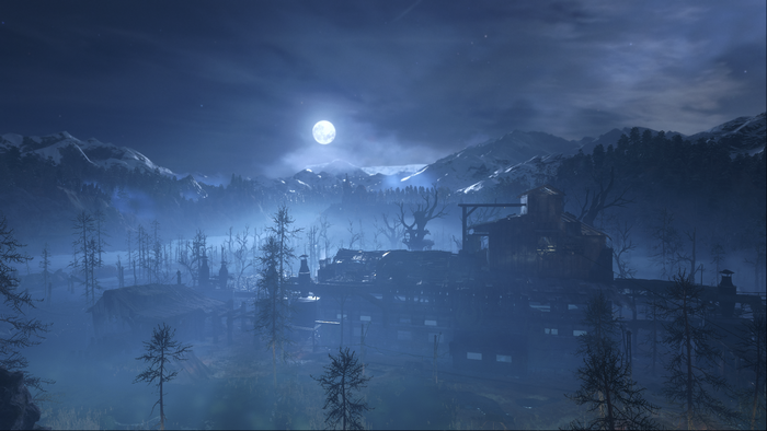 Metro Exodus factory at night with moon and mountains