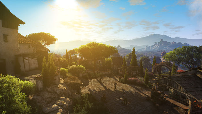 Village landscape with mountains and sun from The Witcher 3