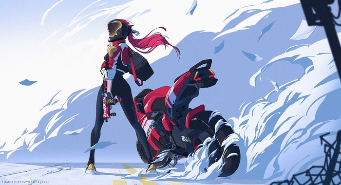 Woman in helmet with motorcycle and gun