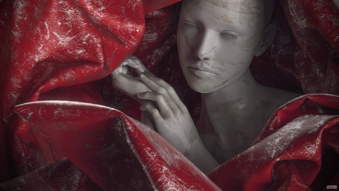 Marble figure draped in red fabric