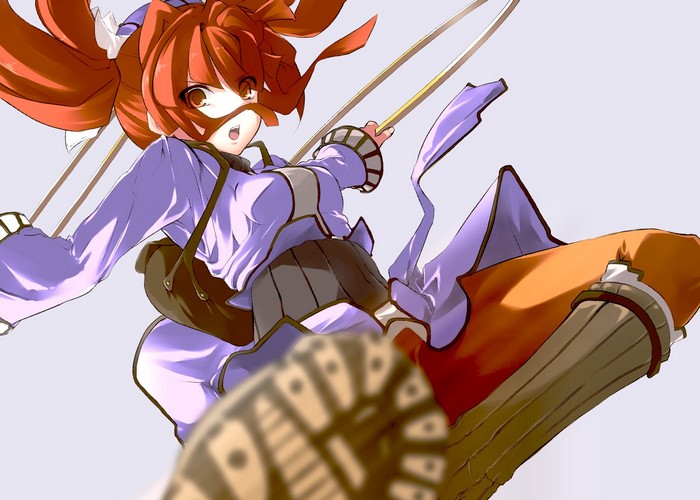 Anime girl with twintails and boots holding a bow
