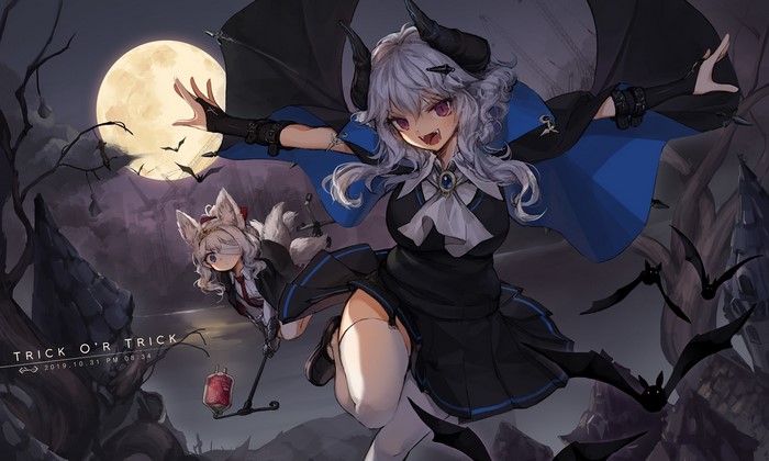 Anime girls in Halloween costumes with bats and moon