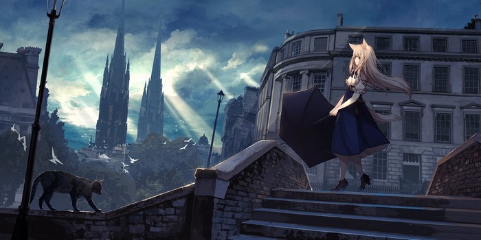 Anime girl with cat and gothic architecture