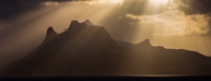 Sun rays over mountains in Gildeskål, Norway