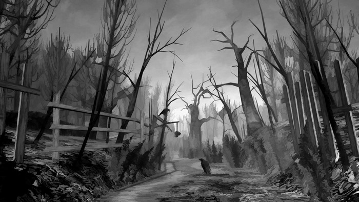 Monochrome artwork of dead trees and ravens in a forest