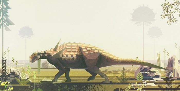 Ankylosaurus dinosaur in a prehistoric landscape illustration