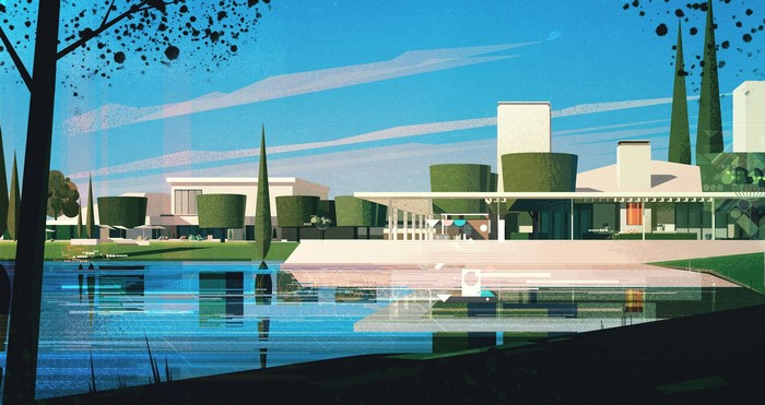 Illustration of a modern house with a pond