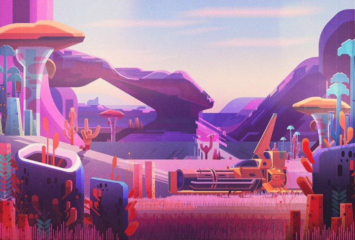 Alien planet landscape with spaceship and strange flora
