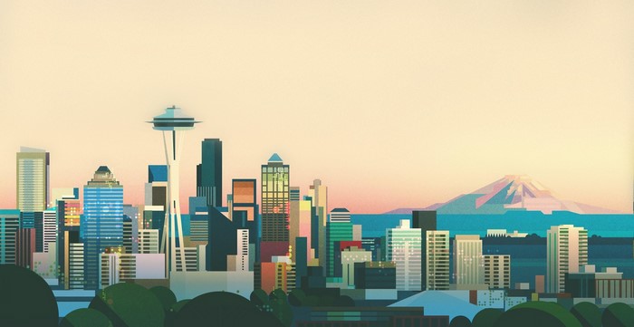 Seattle cityscape illustration with Space Needle and Mount Rainier