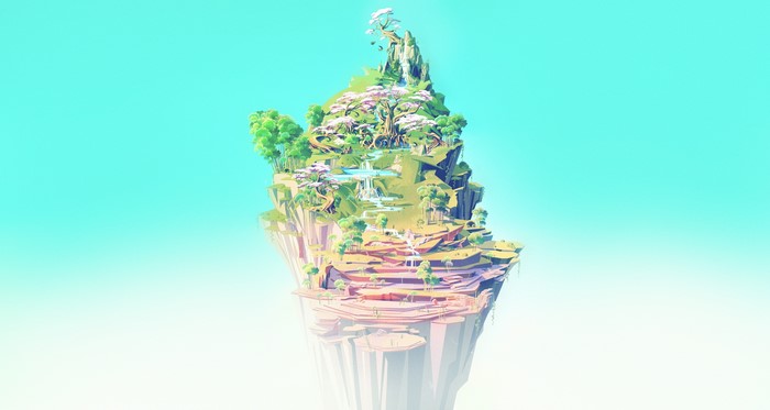 Floating island with trees and waterfalls