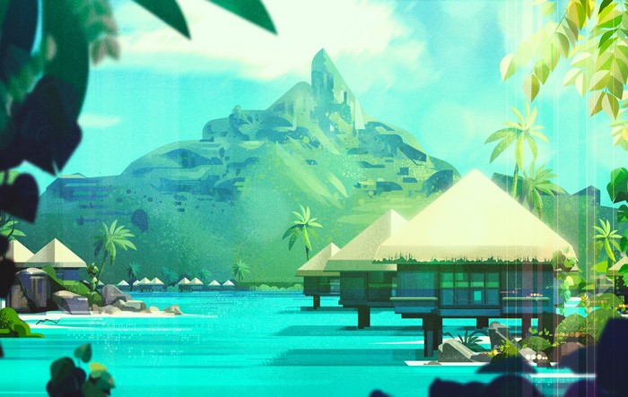 Tropical bungalows on turquoise water with a mountain backdrop