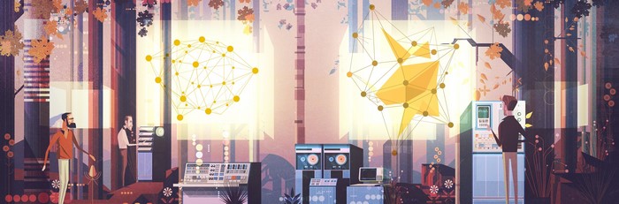 Digital art illustration with computers and abstract networks