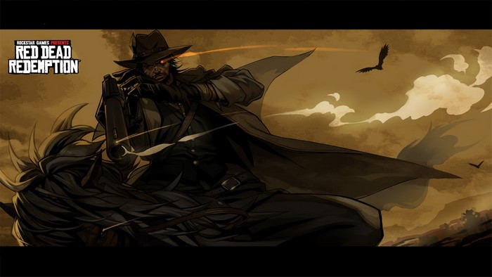 John Marston from Red Dead Redemption firing a gun on horseback