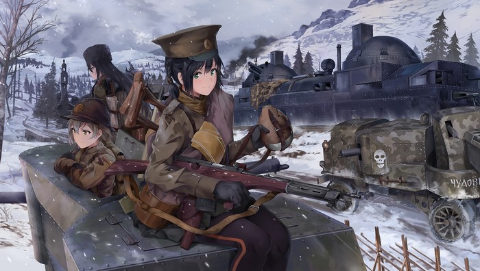 Anime girls in military uniforms with tanks in winter