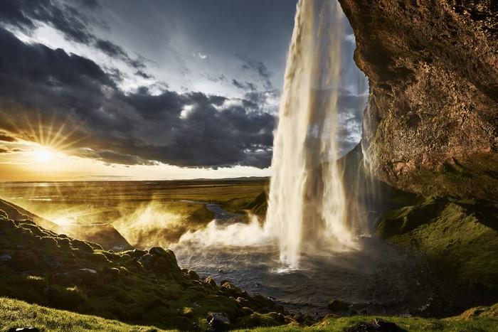 Seljalandsfoss Waterfall in Iceland at Sunset