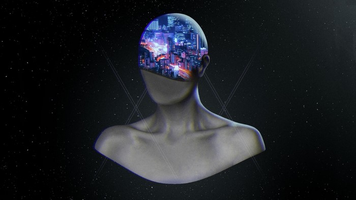 Digital art of a headless figure with a cityscape in its head