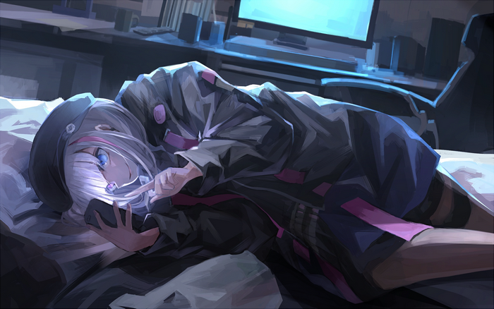 Admiral Graf Spee from Azur Lane lying on a bed with a phone