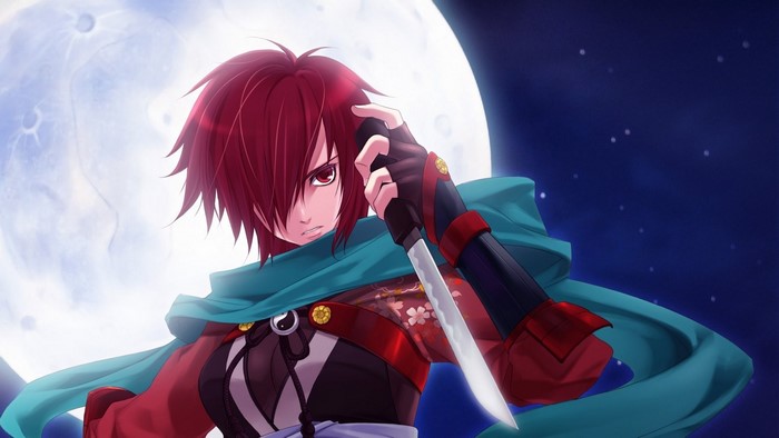 Anime girl with red hair and knife under the moon