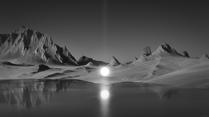 Gray landscape with sphere and reflection