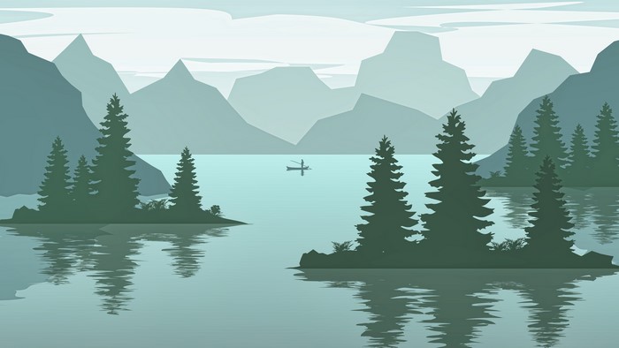 Fisherman in a boat on a lake with mountains and trees