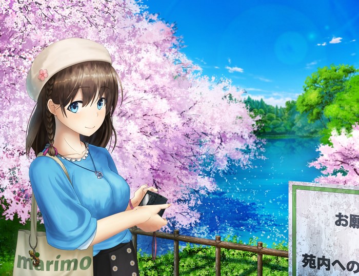 Anime girl with camera by cherry blossoms and lake
