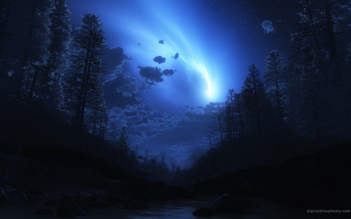 Night forest with comet and stars