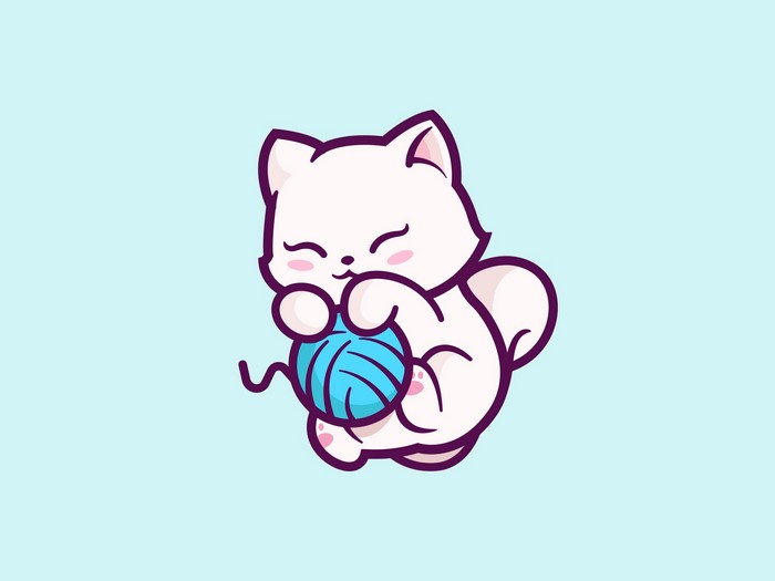 Cute white cat playing with a blue ball of yarn